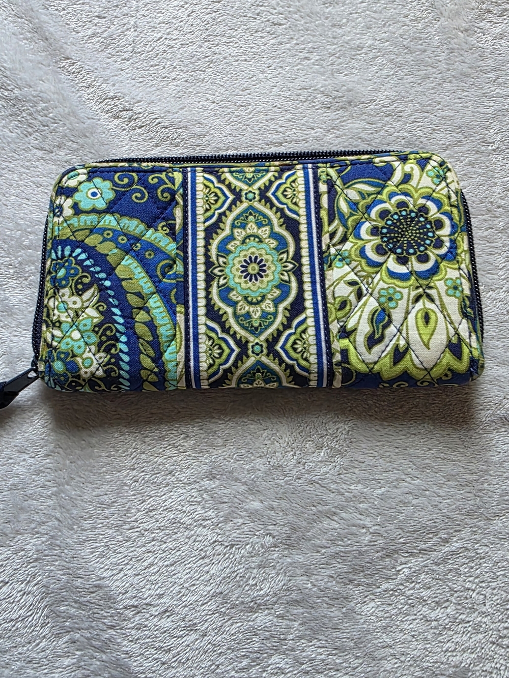 Vera Bradley Quilted Zip Wallet in Navy, Green, and Cream
